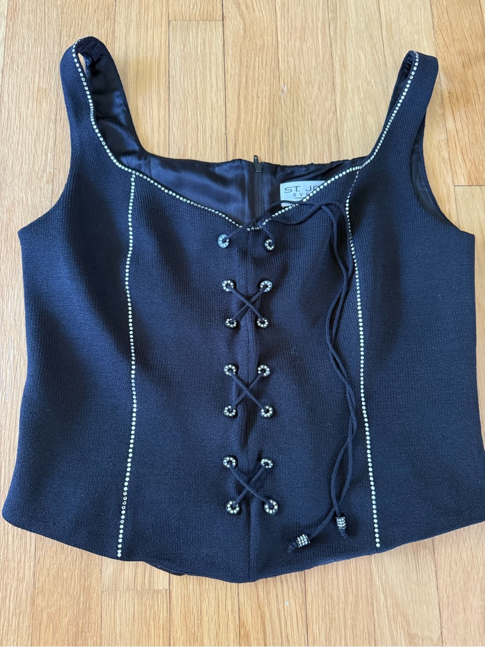 St. John Black Beaded Lace-Up Camisole